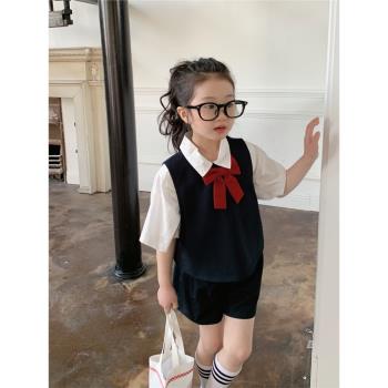 韓版夏季新品兒童學院風套裝男寶寶可愛蝴蝶結馬甲短褲女童兩件套