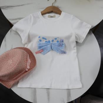 剪標女童110-160純棉圓領印花蕾絲蝴蝶結裝飾T恤女寶夏季百搭上衣