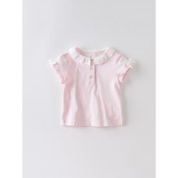 【100%純棉】戴維貝拉 女童純棉短袖 夏季新款女童T恤粉色薄上衣
