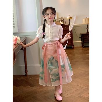 原創女童時髦小女孩中國風套裝夏季兒童民族風上衣馬面裙半身裙子