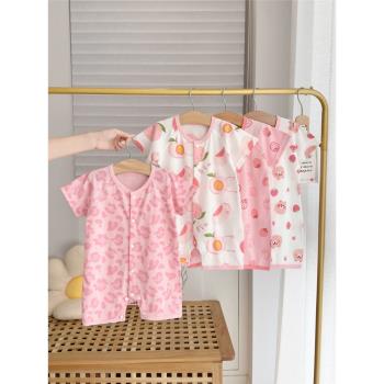 嬰兒衣服女寶寶短袖哈衣新生無骨純棉開衫爬服睡衣小男童0-2歲夏