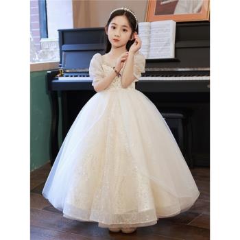 6兒童禮服白色公主裙女童高端亮片香檳色網紗裙主持鋼琴演出服130