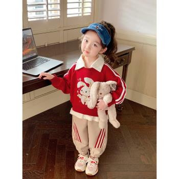 女童春秋款洋氣學院風套裝時髦寶寶韓系秋裝長袖兩件套兒童裝衣服