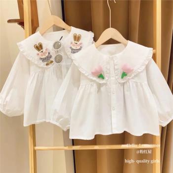 女童小兔子襯衫2023春秋款童裝兒童白色襯衣娃娃領上衣寶寶娃娃衫