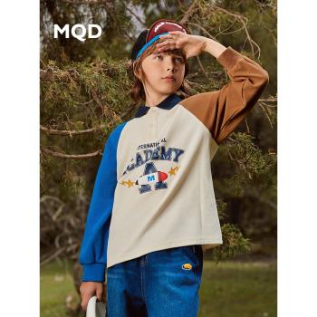 MQD童裝男童polo衫2023秋季新款兒童長袖T恤華夫格膠印撞色上衣