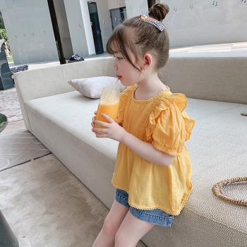 兒童可愛短袖襯衫2023年夏季新款女童寶寶洋氣時尚韓版寬松娃娃衫