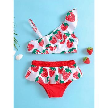 2023女童歐美兒童夏季分體式泳衣套裝海邊沙灘草莓菠蘿印花泳裝
