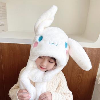 一體兔耳朵會動圍巾毛絨兒童帽子