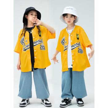 兒童街舞潮服棒球衫短袖牛仔褲套裝小學生HIPHOP酷炫架子鼓表演服