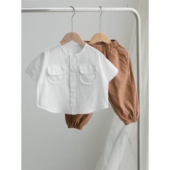 chao柔軟，兒童短袖襯衫男童夏季薄款寬松白色中小童上衣寶寶襯衣