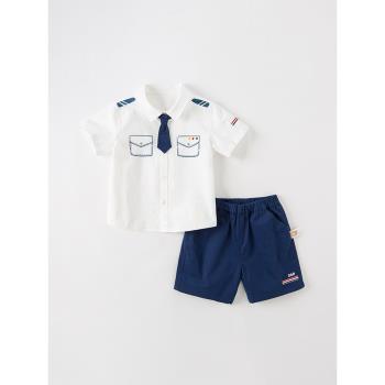 戴維貝拉男童套裝2023夏裝兒童海軍風兩件套童裝襯衫短褲男孩小童
