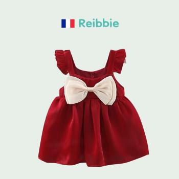 法國Reibbie女寶寶連衣裙夏季吊帶女童蝴蝶結紅色公主裙周歲禮服