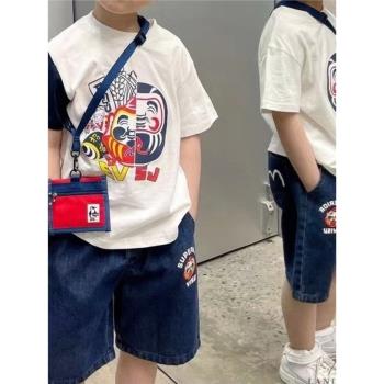 23夏季日系潮牌男童短袖t恤純棉拼色袖卡通兒童半袖上衣寬松套裝