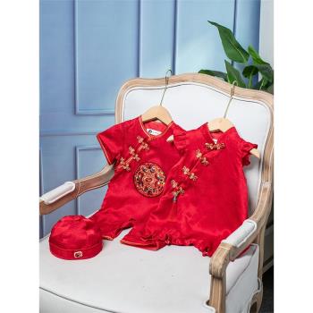 女寶寶真絲連體衣中國風龍鳳寶寶周歲禮服紅色桑蠶絲薄款夏季百天