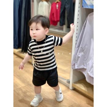 韓國童裝男女童套裝夏季新款洋氣時髦圓領條紋短袖T恤衫黑色短褲