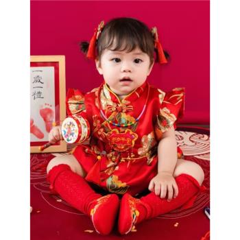 周歲禮服女寶寶夏季生日抓周服唐裝紅色中式旗袍中國風嬰兒包屁衣