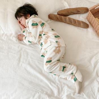 法蘭絨秋冬季女寶寶男童套裝睡衣