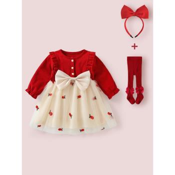 女寶寶周歲禮服春秋女童洋氣公主裙嬰兒滿月百天紅色抓周中式裙子
