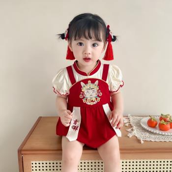 漢服嬰兒夏季連體衣中國風旗袍包屁衣女寶寶周歲夏裝洋氣薄款爬服