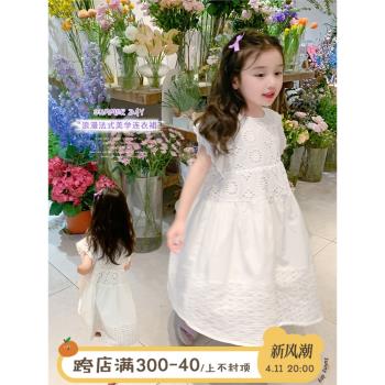 女童連衣裙2024夏裝新款兒童法式短袖公主裙寶寶洋氣白色鏤空裙子