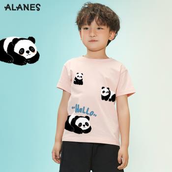 童裝熊貓t恤兒童夏裝短袖男童上衣2023新款潮夏季時髦姐弟裝衣服