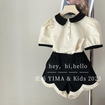 韓版女童短袖夏季洋氣兒童泡泡袖t恤女寶寶杏色娃娃領上衣打底衫