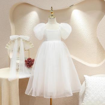 女童連衣裙夏季洋氣女孩表演紗裙兒童高級感白色蓬蓬禮服公主裙子