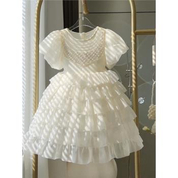 女童連衣裙夏季重工兒童洋氣花童裙子蓬蓬紗裙白色禮服蛋糕公主裙