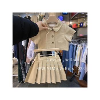 韓版童裝女童裝時髦套裝洋氣夏裝學院風寶寶純色兩件套上衣百褶裙