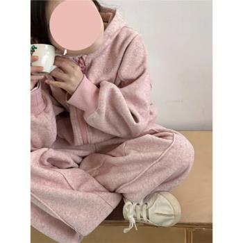 韓版童裝女童秋季休閑運動套裝兒童時髦洋氣字母粉色衛衣外套褲子