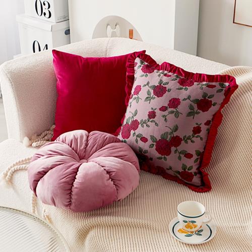 法式輕奢原創圓形花朵抱枕套荷葉邊沙發客廳靠枕宮廷風酒紅色靠墊