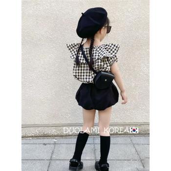 韓范女童高端套裝荷葉邊格紋上衣黑色花苞短褲夏季寶寶時髦兩件套