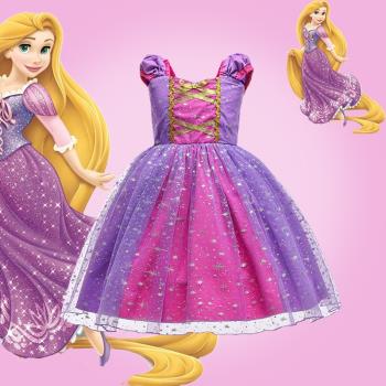 女童連衣裙夏季新款洋氣兒童冰雪奇緣生日禮服紫色長發公主蓬蓬裙