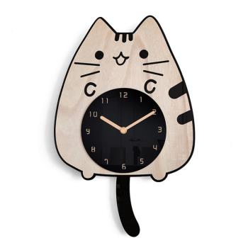 貓咪實木掛鐘木目創意掛墻鐘表 時尚簡約家用極簡原木掛鐘掛表