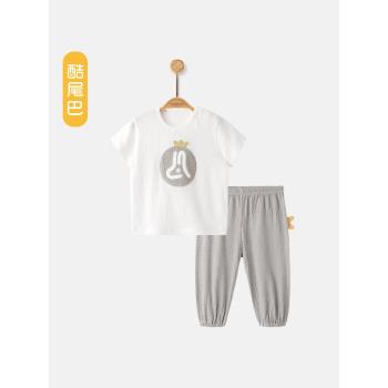 酷尾巴0-6歲寶寶家居服套裝短袖上衣T長褲純棉嬰兒衣服空調服男女