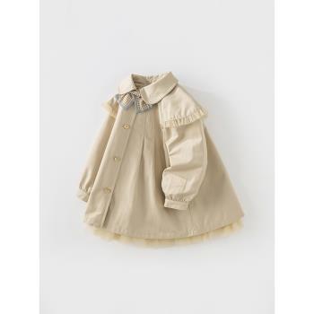 戴維貝拉女童風衣兒童外套英倫風2023秋裝寶寶嬰兒網紗洋氣童裝