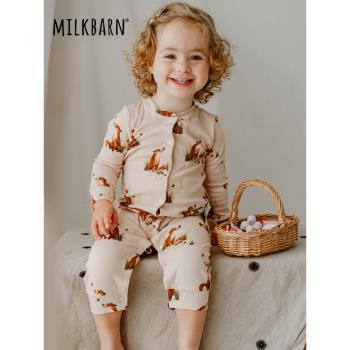 Milkbarn2023新款秋季嬰兒長袖連體服男女寶寶空調服純棉哈衣爬服