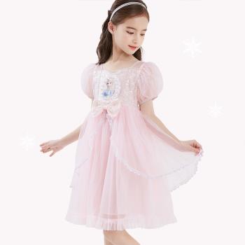 迪士尼女童連衣裙兒童裙子愛莎公主裙夏裝新款網紗裙艾莎表演裙