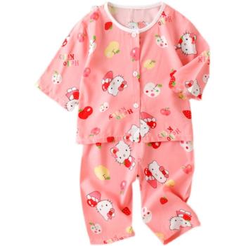 夏季新款男女寶寶綿綢家居服套裝兒童薄款睡衣開衫嬰兒棉綢空調服