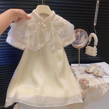 女童仙女旗袍裙夏季新款寶寶洋氣釘珠領網紗公主裙兒童國風連衣裙