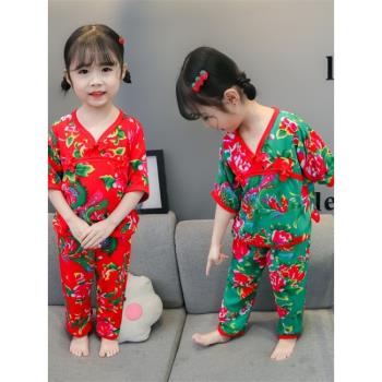 東北大花嬰兒服夏創意男童女童寶寶花衣服套裝棉綢睡衣兒童中國風
