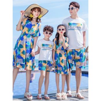三亞旅遊親子裝一家四口海邊度假套裝情侶裝父子母女裙子沙灘裝