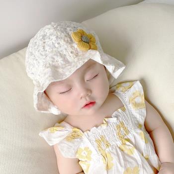 春夏季嬰兒帽子女寶寶蕾絲花朵漁夫帽嬰幼兒遮陽帽兒童盆帽防曬帽