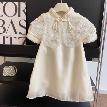 兒童旗袍公主裙夏季洋氣氣質寶寶小女孩復古領中式蕾絲短袖連衣裙
