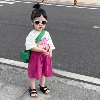 韓國童裝女童休閑套裝夏季兒童洋氣純棉T恤純色短褲女寶寶兩件套