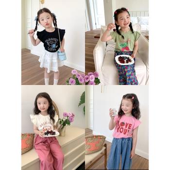 依依媽2023夏季女童韓版背心T恤兒童寶寶甜美花邊小飛袖公主上衣
