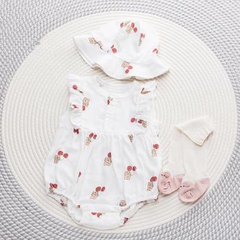 0一6月嬰兒夏天套裝女寶寶0一1歲滿月公主裙遮陽帽純棉紗布包屁衣