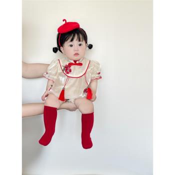 嬰兒旗袍短袖連體哈衣夏季薄款女寶寶中國風滿月百天周歲公主禮服