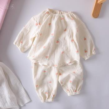 嬰兒夏季純棉長袖長褲寬松空調服