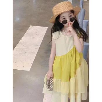 韓國女童2023夏季新款氣質無袖背心裙兒童時髦大擺棉布拼接連衣裙